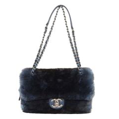 Chanel Blue & Black Fur Flap Bag SHW