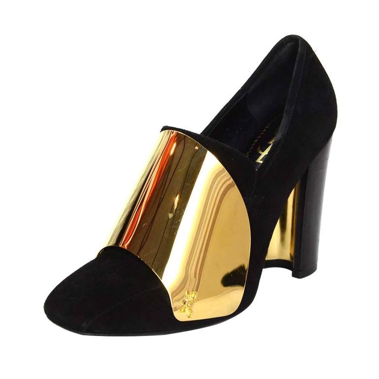 Yves Saint Laurent Black Suede and Gold Metal Loafer Pumps sz 36.5 For ...