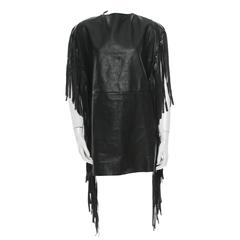 Saint Laurent Black Lambskin Leather Fringe Sleeve Plunge Back Cocktail Dress