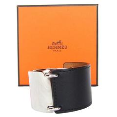 Hermes Thales Pulsera Brazalete Cuero Negro y Paladio Talla S