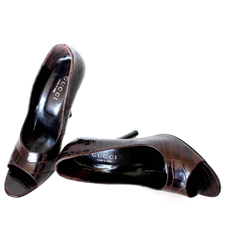 Gucci Chocolate Brown Alligator Skin High Heel Peep Toes Sandals For