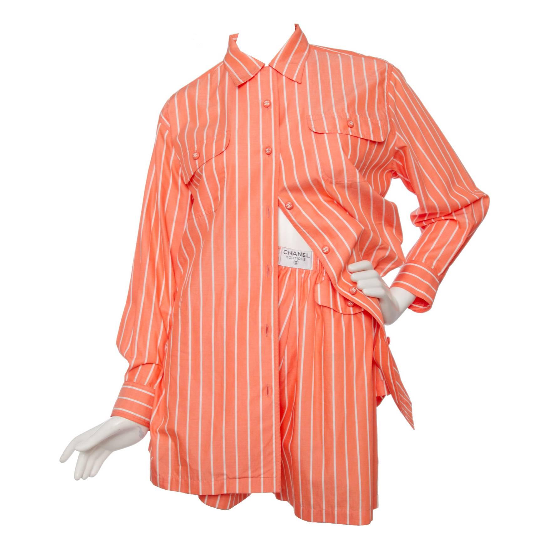 1980s Chanel Striped Cotton Pajamas 