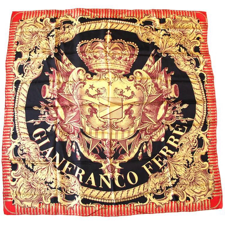 Gianfranco Ferre Gold and Black Royal Crest Scarf For Sale
