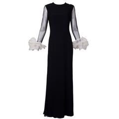 Vintage Gianfranco Ferre Black Silk Evening Gown w/Dramatic Side Slit & Illusion Sleeves