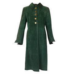 1970's Gucci Green Suede Coat w/Glazed Gucci Logo Buttons & Green Leather Trim
