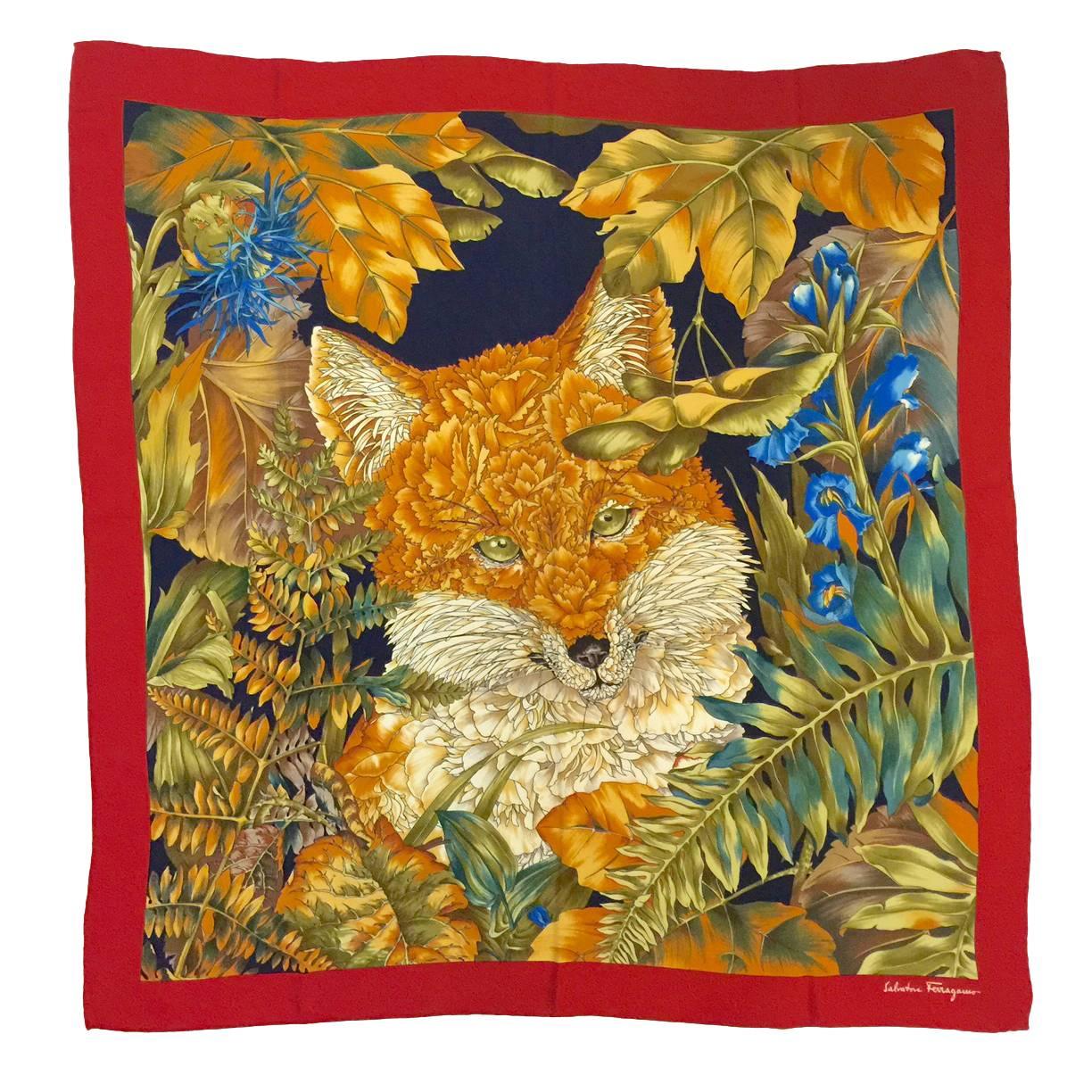 Salvatore Ferragamo 100% Silk Twill Scarf Featuring Exotic Fox