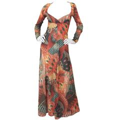 1970s John Kloss Feather Printed Nylon Maxi Dress