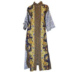 1970s Dragon & Floral Print Bill Blass Cotton Caftan Dress