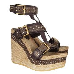 Alexander McQueen Brown Leather Studded Platform Espadrille Wedge 39 - 9