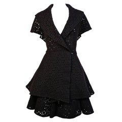 AZZEDINE ALAIA black open knit jacket with flared hem and matching skirt