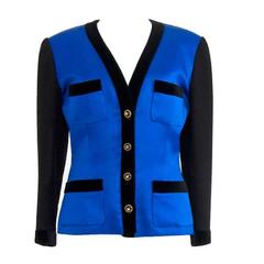 Chanel Skirt Suit with Peacock Blue Sik and Black Wool Blazer Jacket