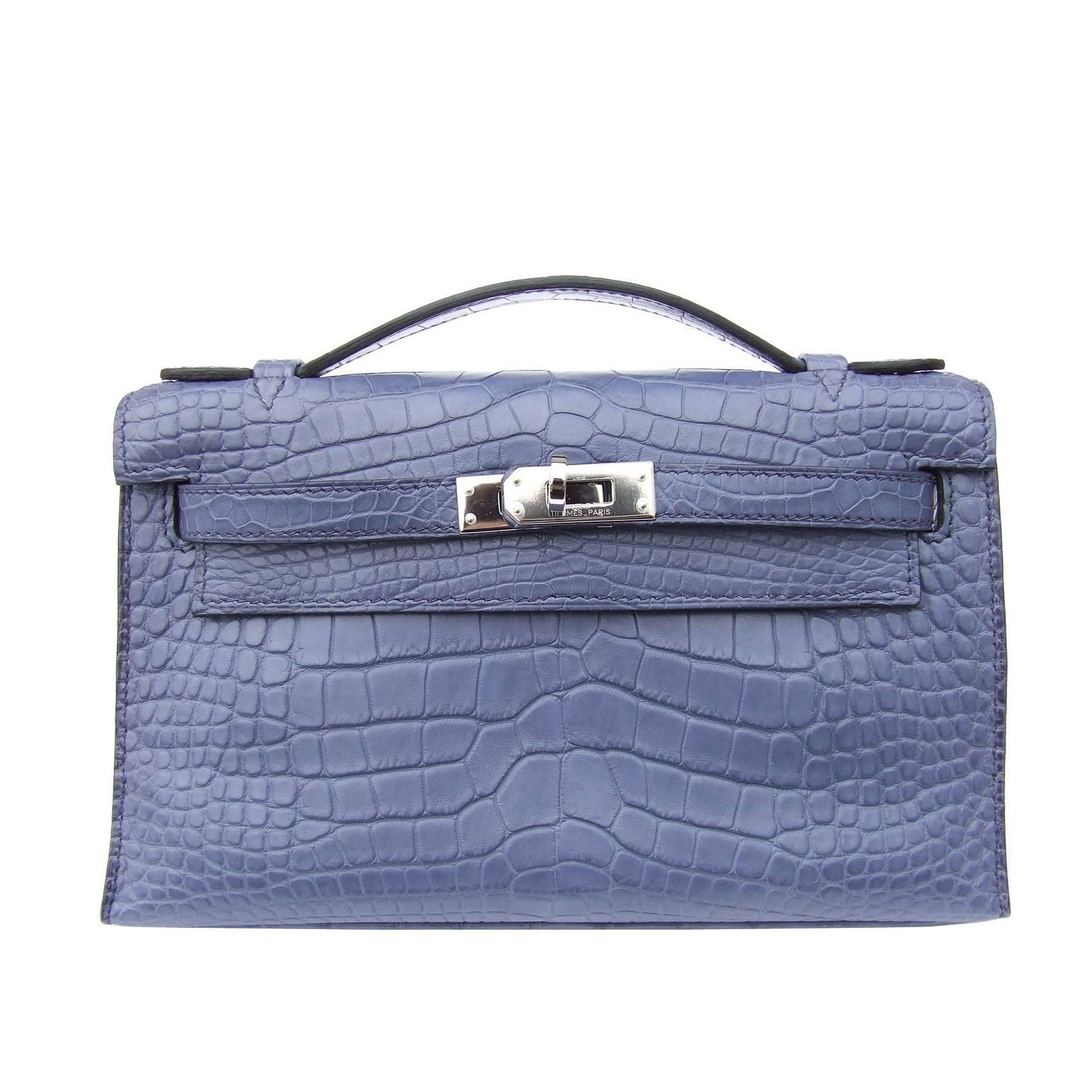 Hermes Kelly Pochette Clutch Purse Handbag Blue Brighton Alligator PHW RARE