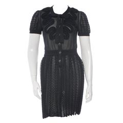 Chanel Navy Blue Short Sleeve Ruffle Pleated Button Up Cocktail Gown Dress