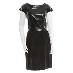 Chanel Black Calfskin Leather Top Wool Skirt Short Sleeve Midi Cocktail Dress