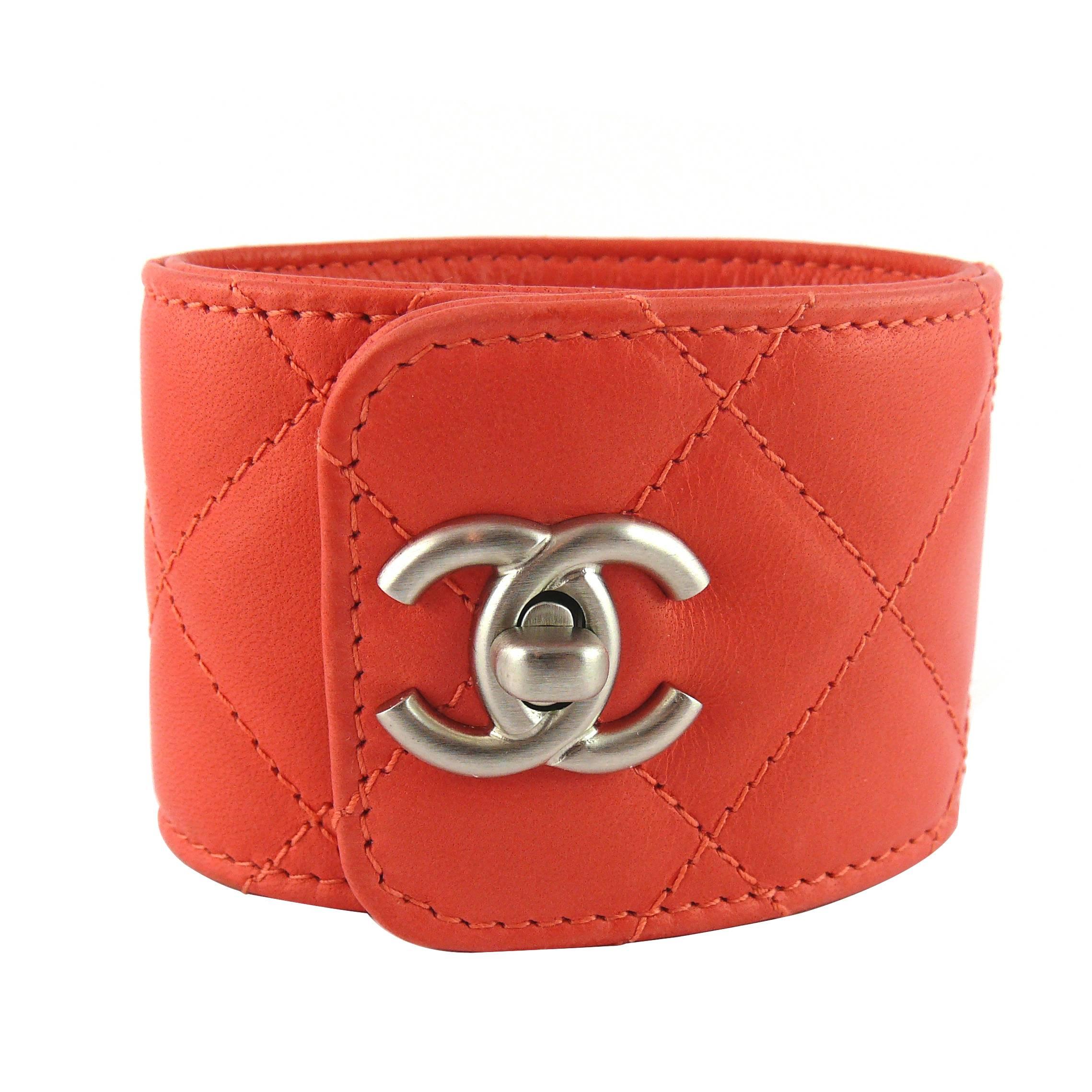 Chanel Quilted Coral Leather CC Turnlock Cuff Bracelet For Sale