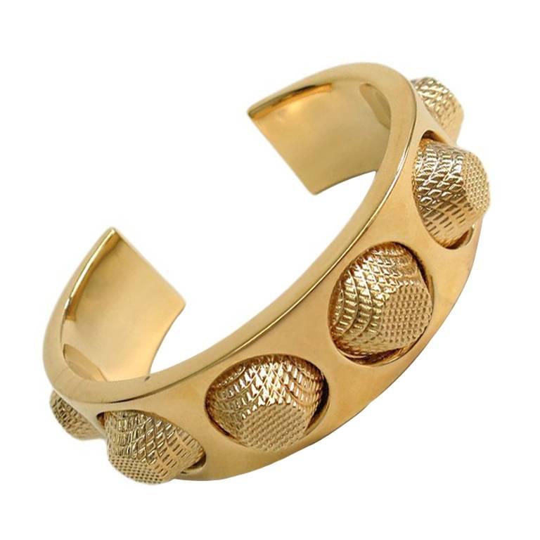 Balenciaga Textured Gold Spike Metal  Studded Charm Cuff Bracelet in Box