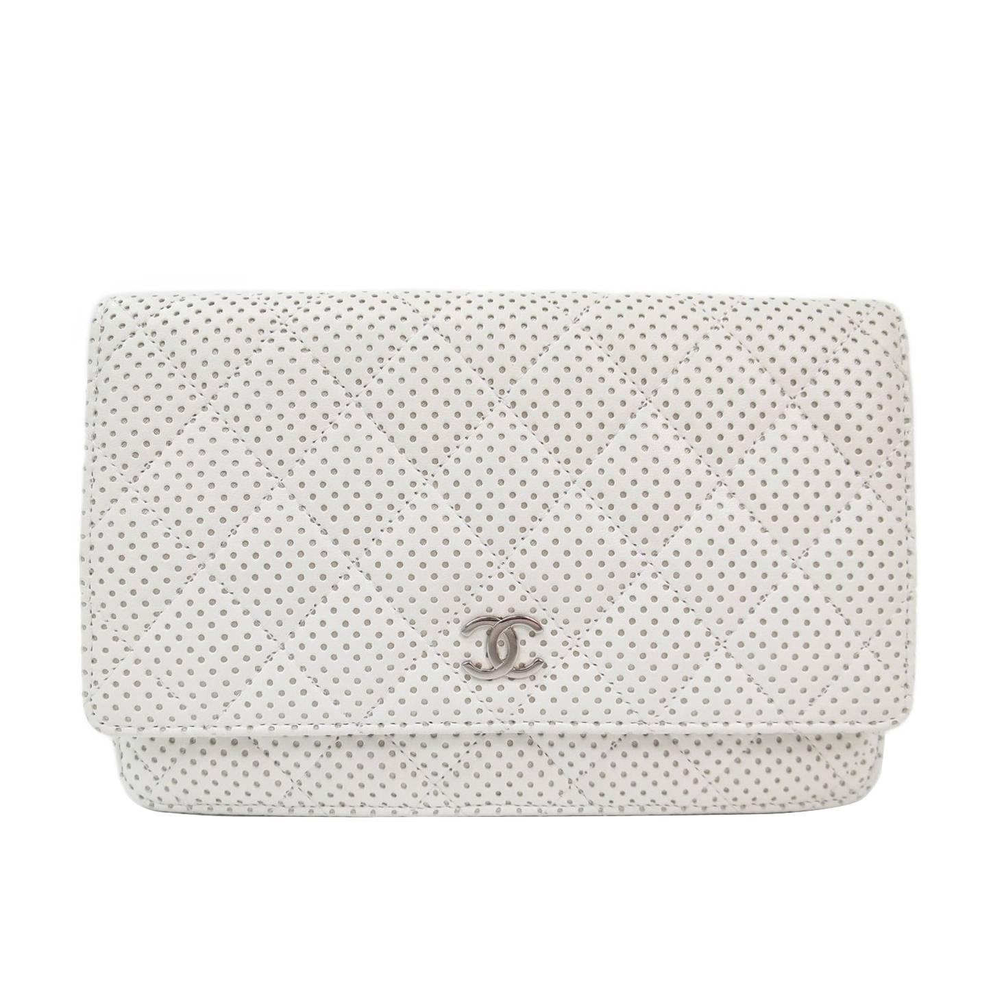 Chanel White Leather Perforated Silver Hardware Clutch Wallet 