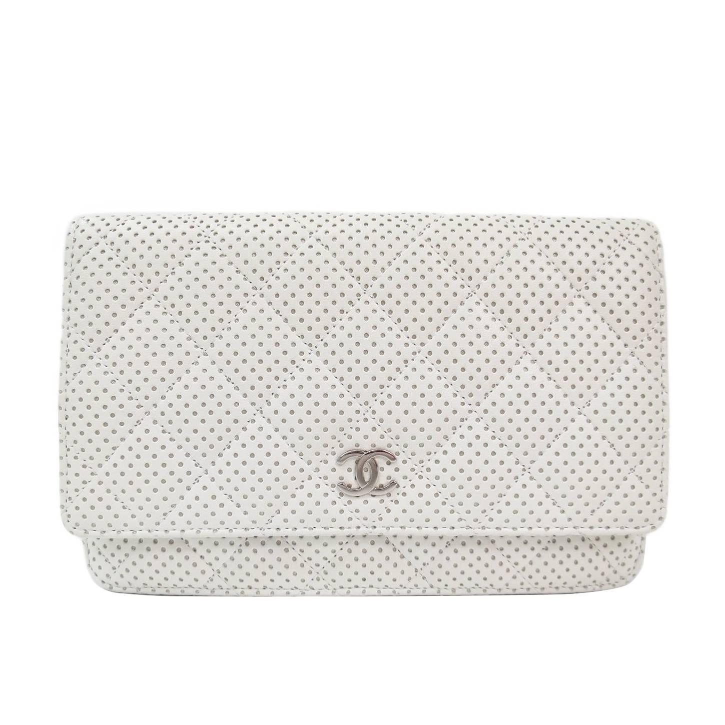 Chanel White Leather Perforated Silver Hardware Clutch Wallet at 1stdibs