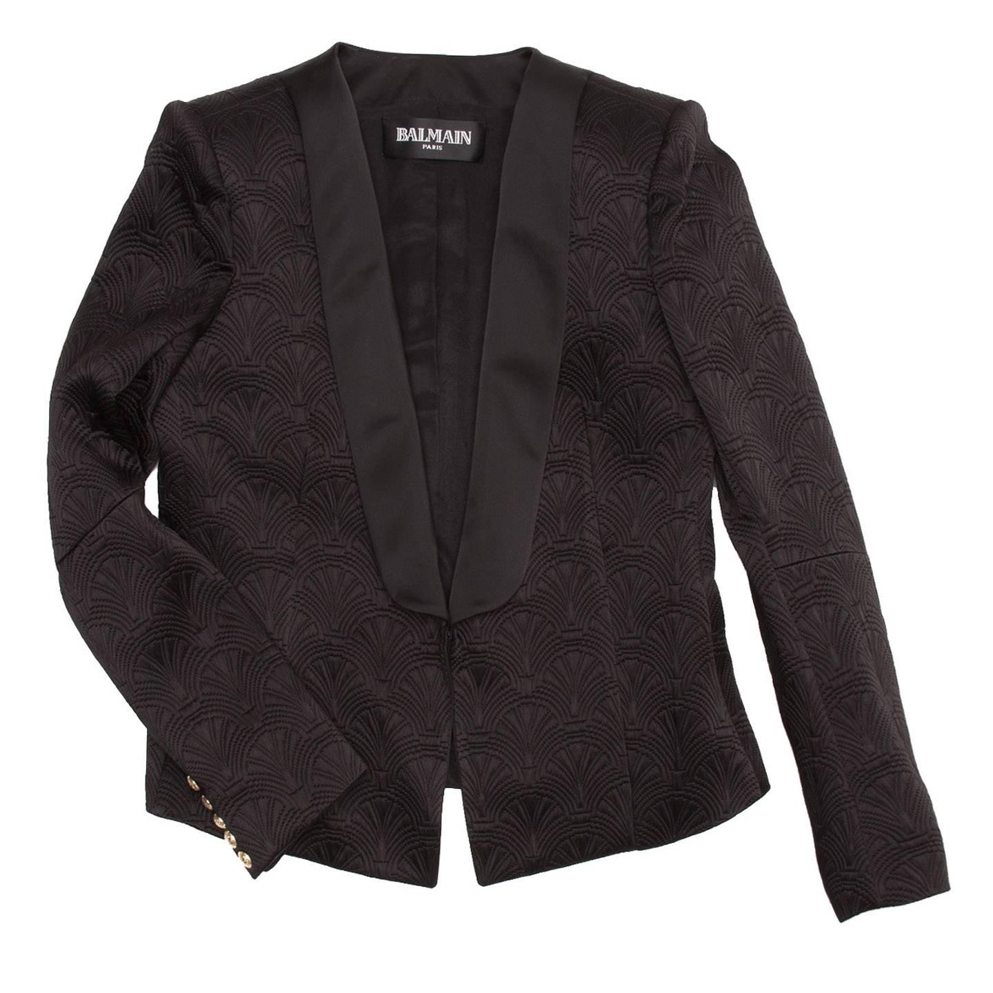 Balmain Black Jaquard Tuxedo Jacket For Sale