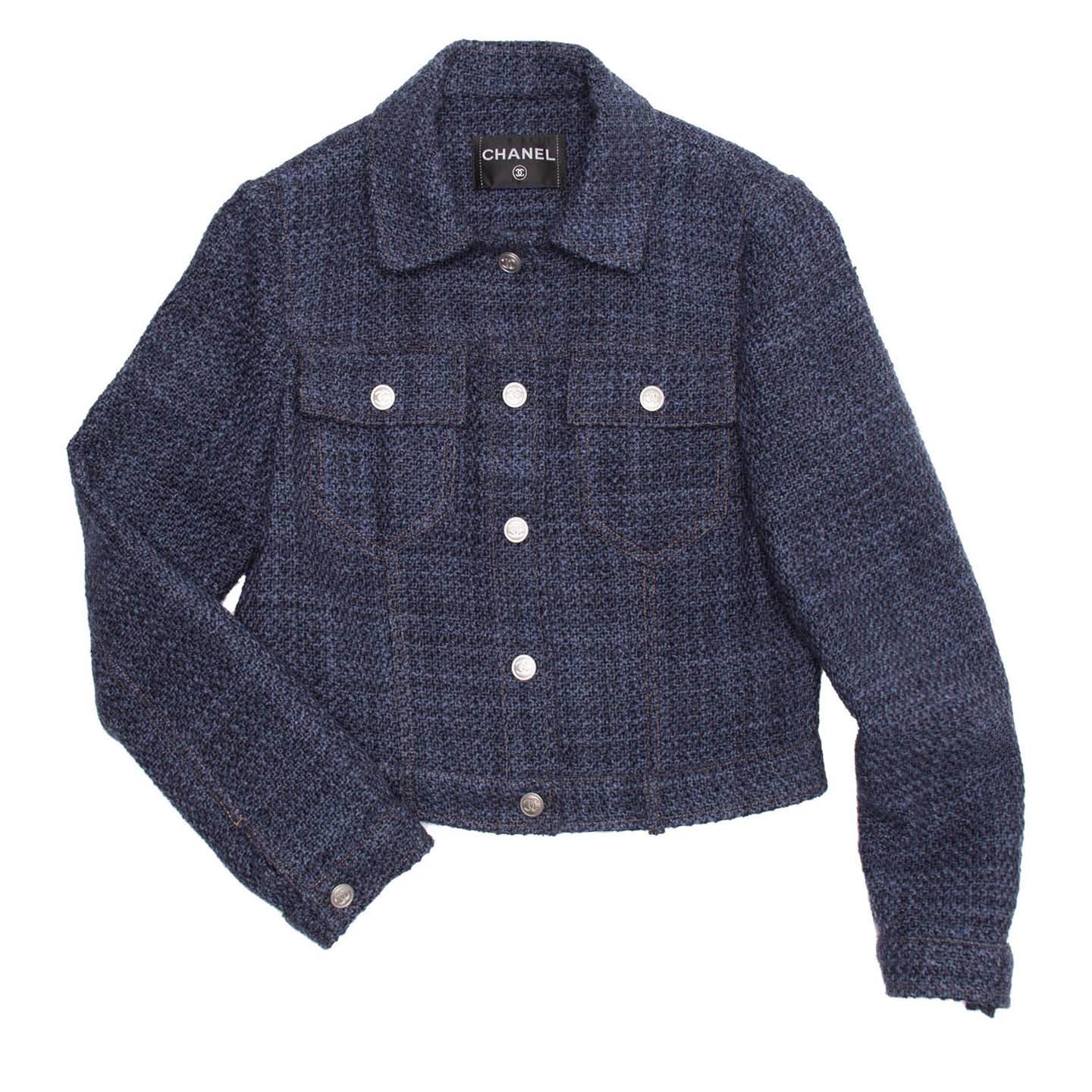 Chanel Indigo Wool Short Trucker Style Jacket For Sale