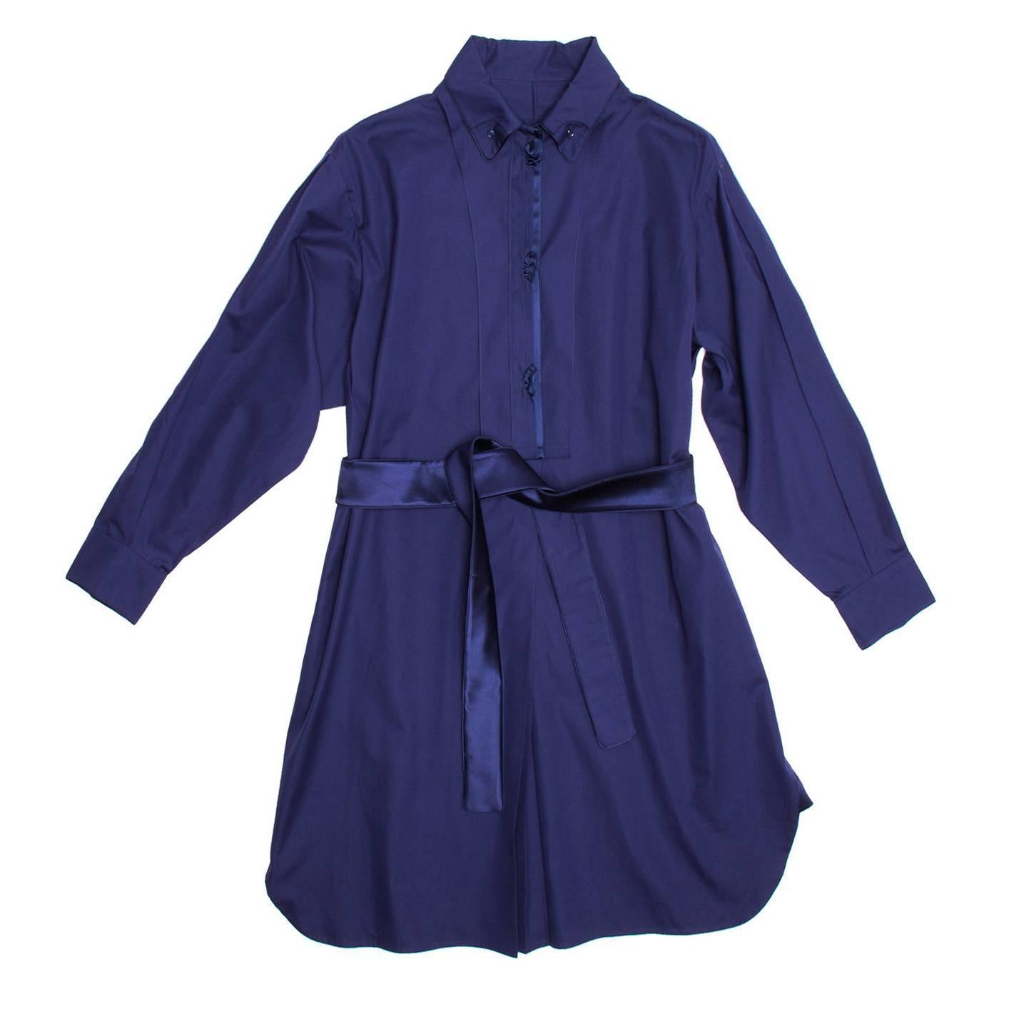 Yves Saint Laurent Royal Blue Silk & Cotton Shirt Dress For Sale
