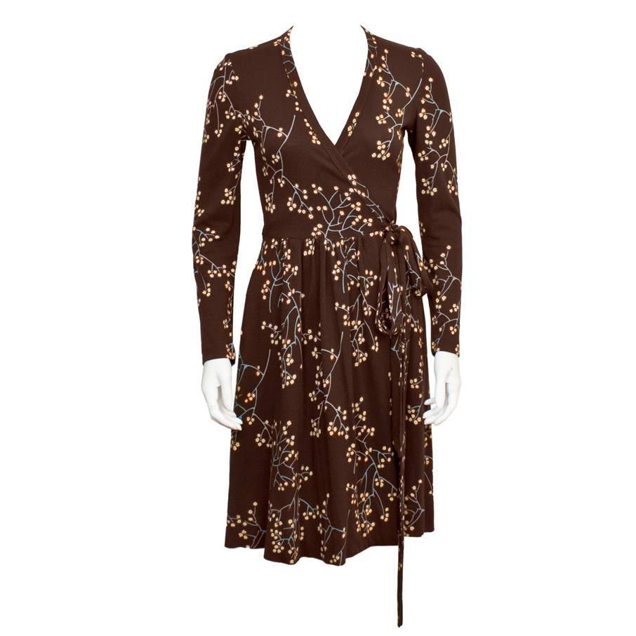 1970's Diane Von Furstenberg Brown Floral Wrap Dress For Sale at 1stdibs