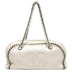 Chanel White Leather Luxe Ligne Bowler Bag- Large size
