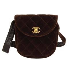 Vintage Chanel Brown Quilted Velvet Belt Bag sz 80 GHW