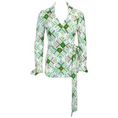 Vintage Circa 1970's Green and White Iconic Wrap Top