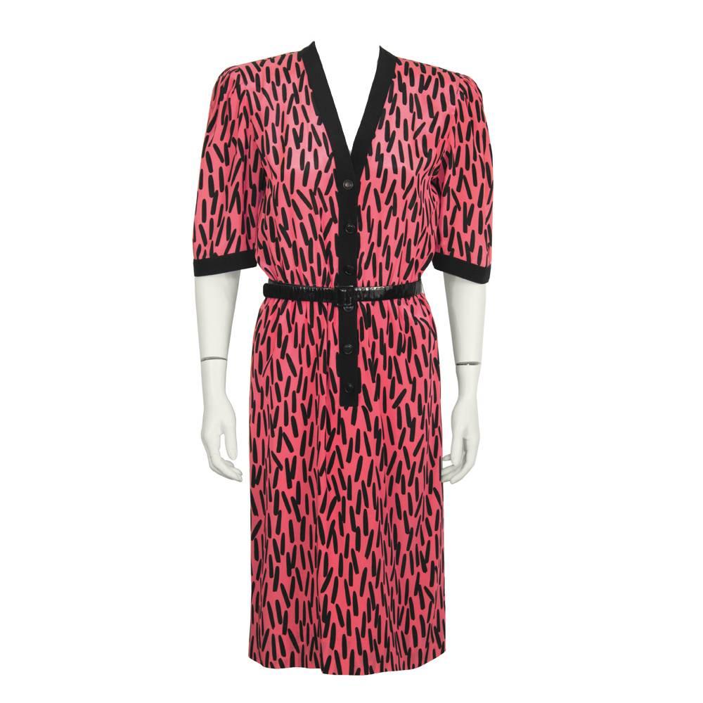 1980's Scherrer Fuschia Paintbrush Print Silk Dress