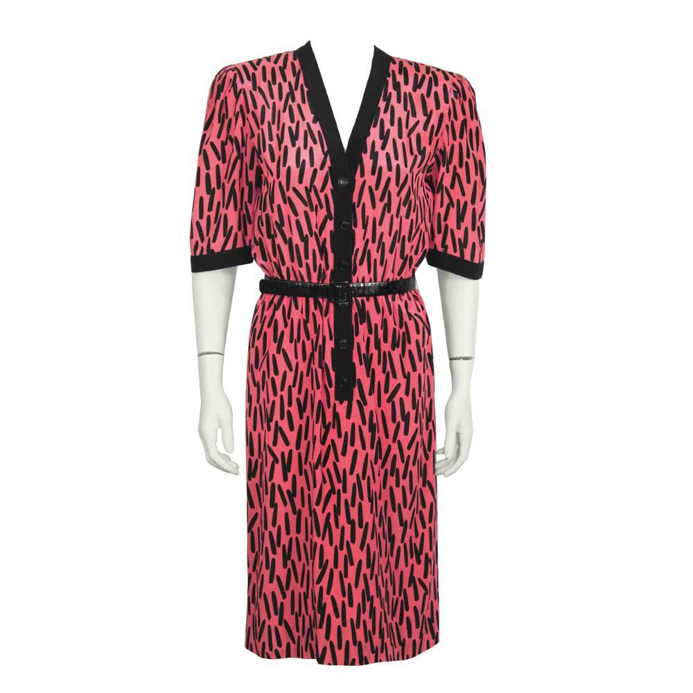 1980's Scherrer Fuschia Paintbrush Print Silk Dress  For Sale