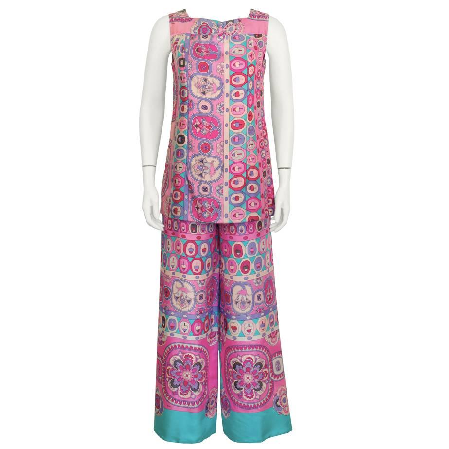 1970's Bessi Pink and Blue Silk Tunic and Pant Set 