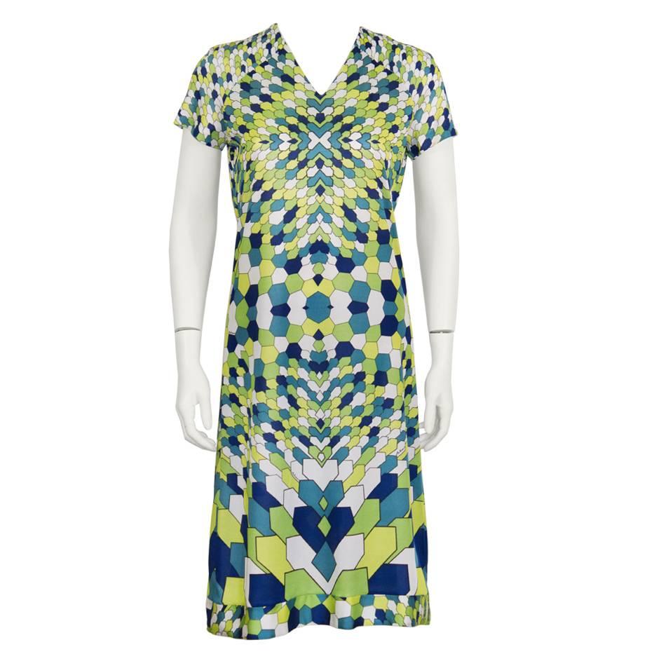 1970's Artemis Green Geometric Print Day Dress For Sale