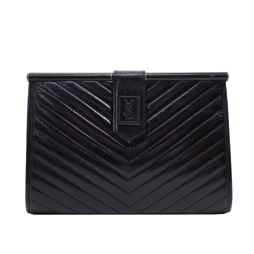 Yves Saint Laurent (YSL) Black Quilted Chevron Leather Envelope Flap Clutch Bag