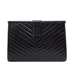 Vintage Yves Saint Laurent (YSL) Black Quilted Chevron Leather Envelope Flap Clutch Bag