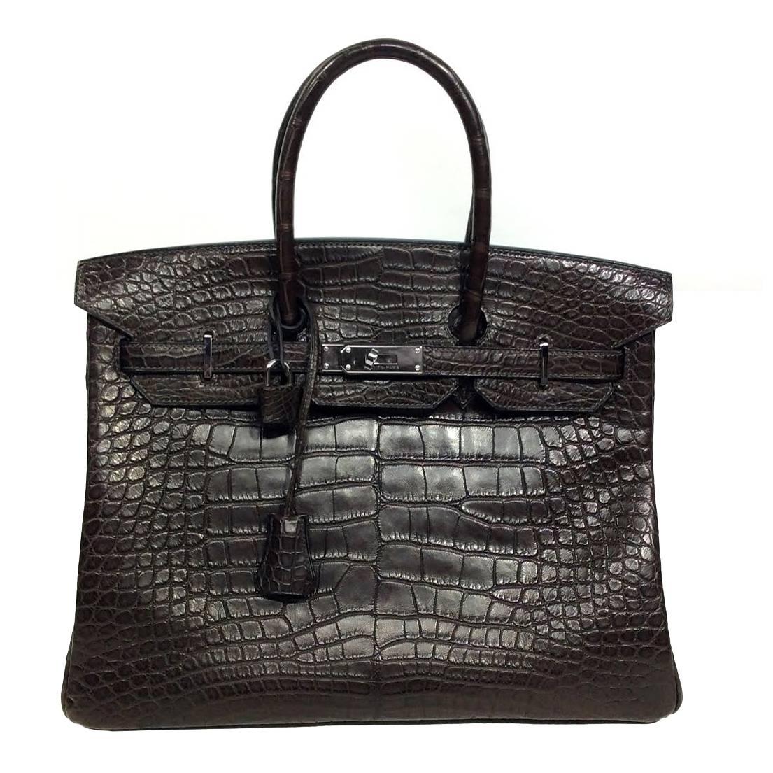 Hermes Chocolate Brown Matte Alligator 35 Birkin Handbag  For Sale