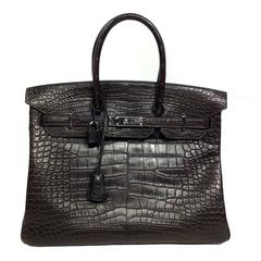 Hermes Chocolate Brown Matte Alligator 35 Birkin Handbag 