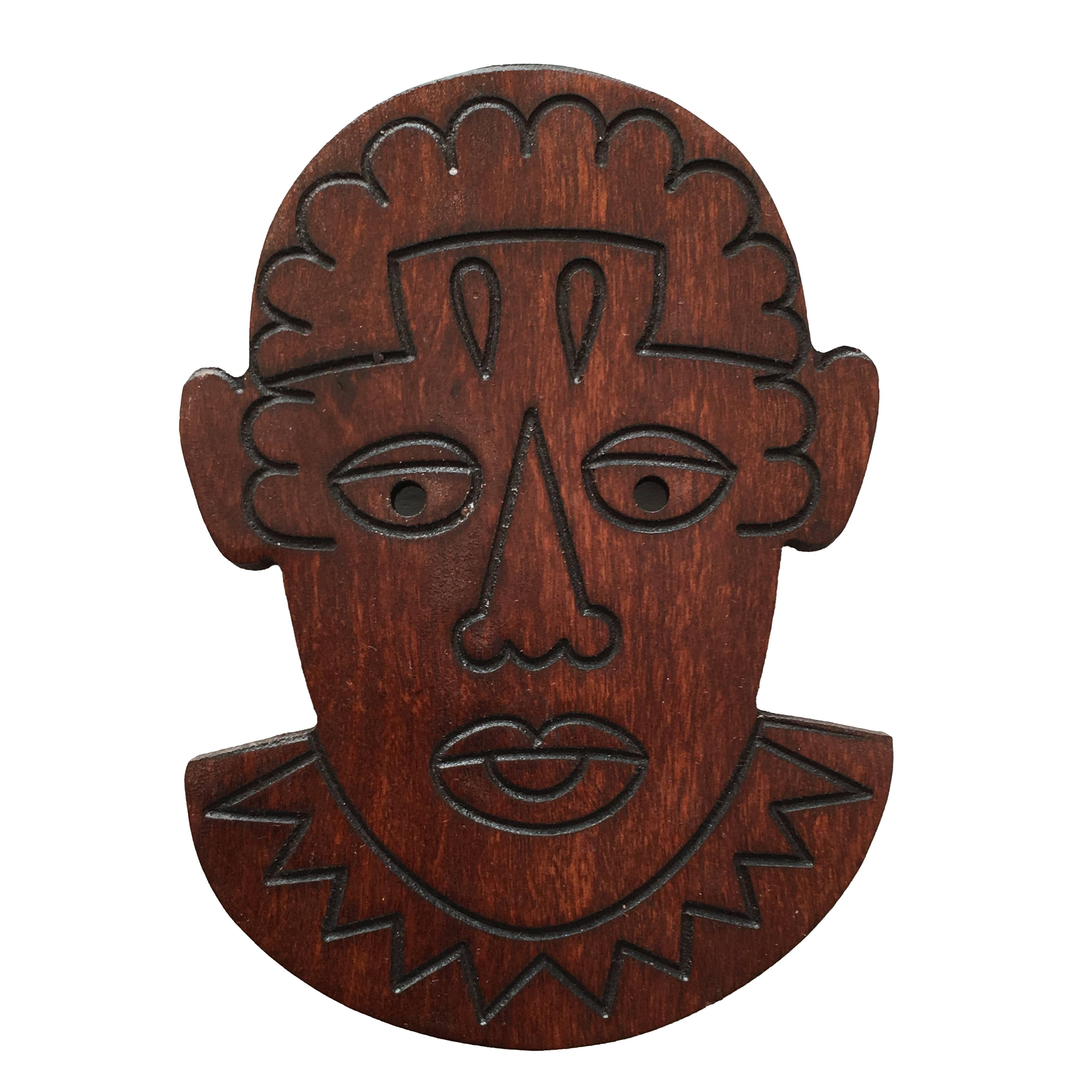 Patrick Kelly Paris 1989 African Wooden Face Cutout Pin.  For Sale