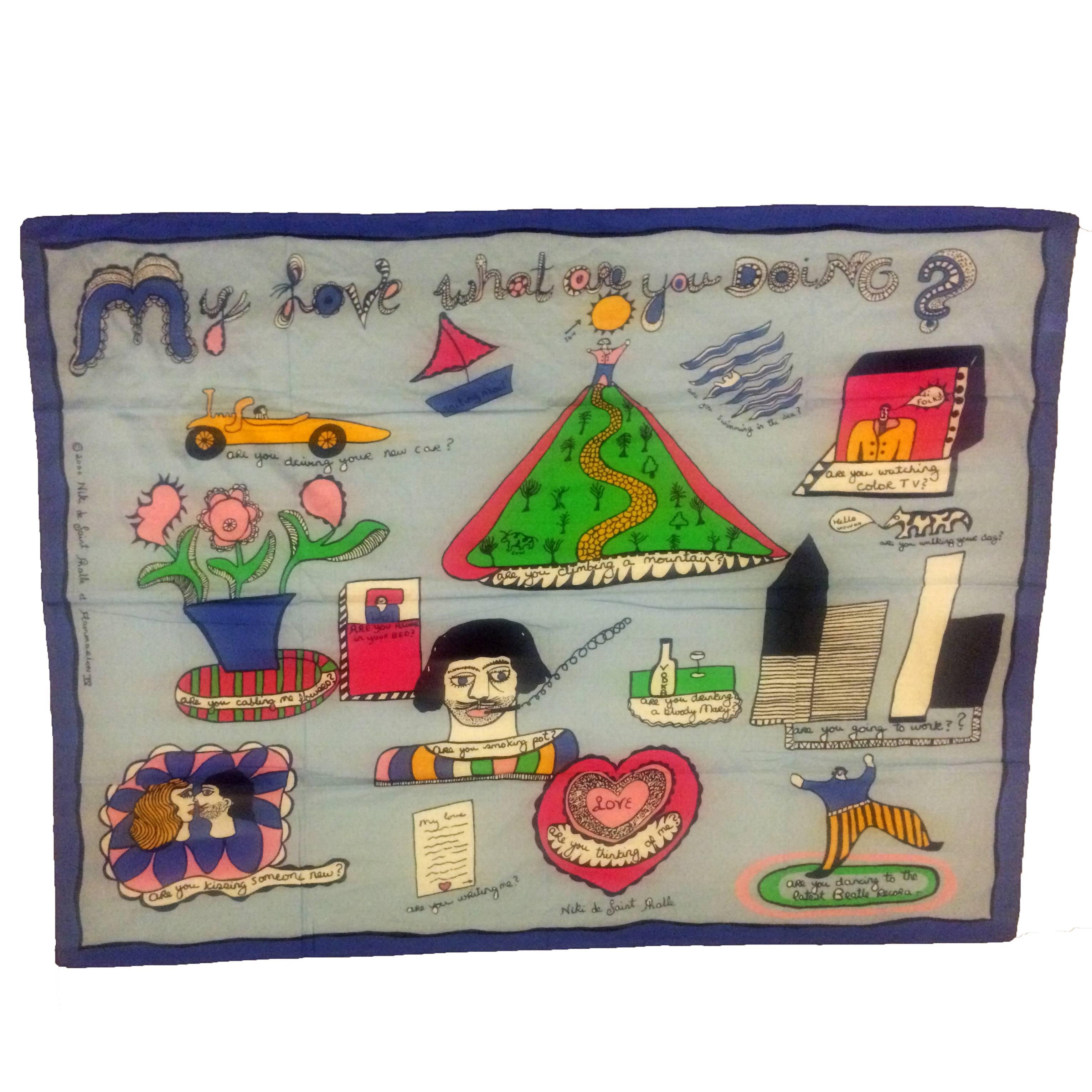 Niki de Saint Phalle New 2000 'My Love What Are You Doing?' Blue Sarong Scarf