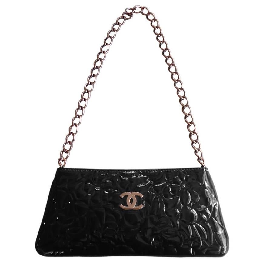 Chanel Black Patent Leather Camellia Pochette