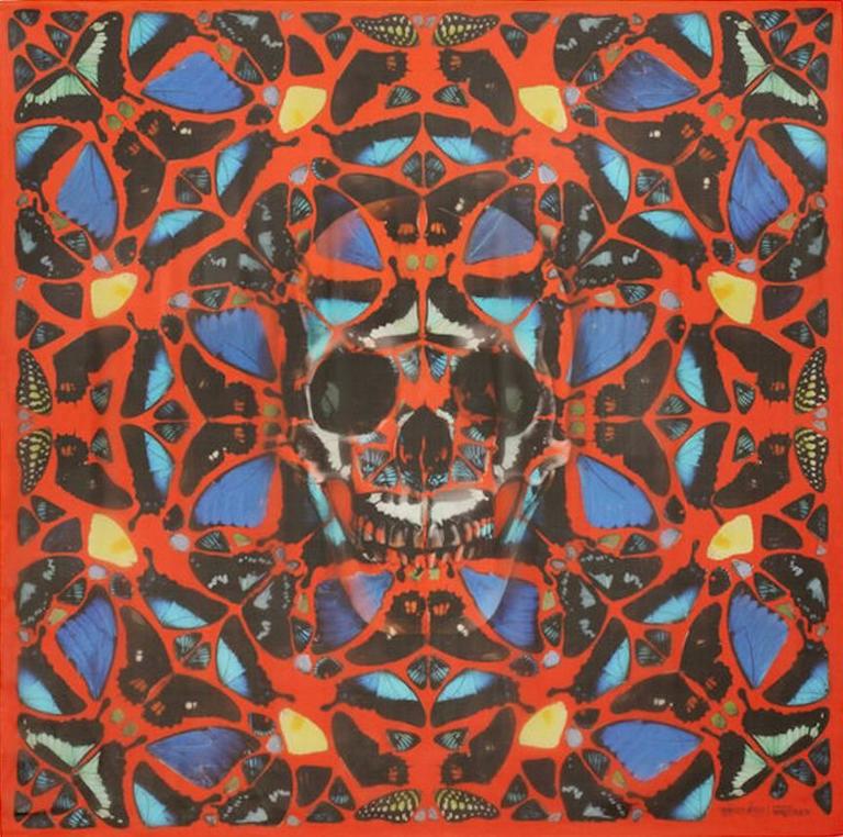 Alexander McQueen/Damien Hirst Red Psalm Skull Butterfly Silk Scarf For Sale