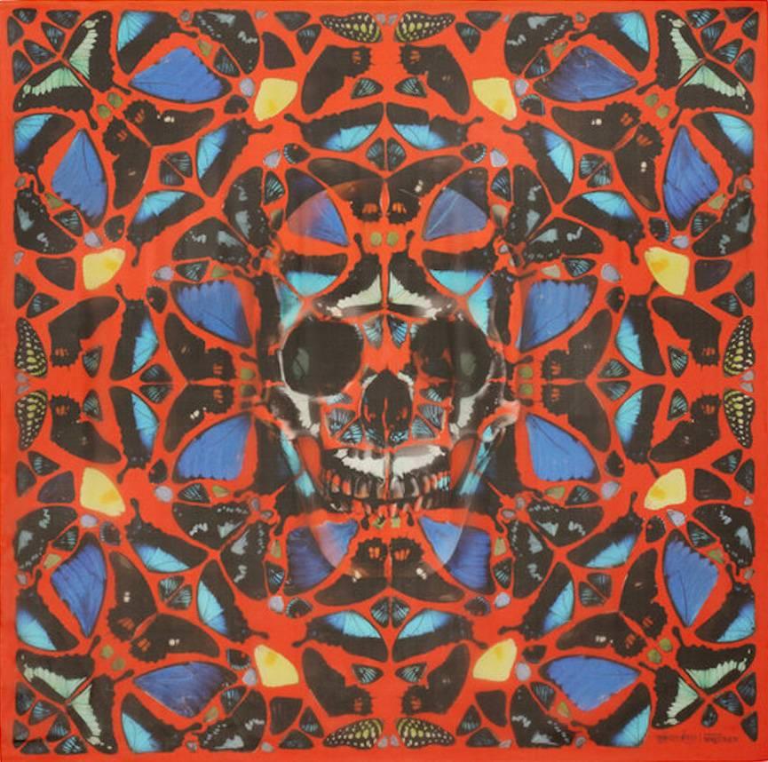 Alexander McQueen/Damien Hirst Red Psalm Skull Butterfly Silk Scarf For Sale