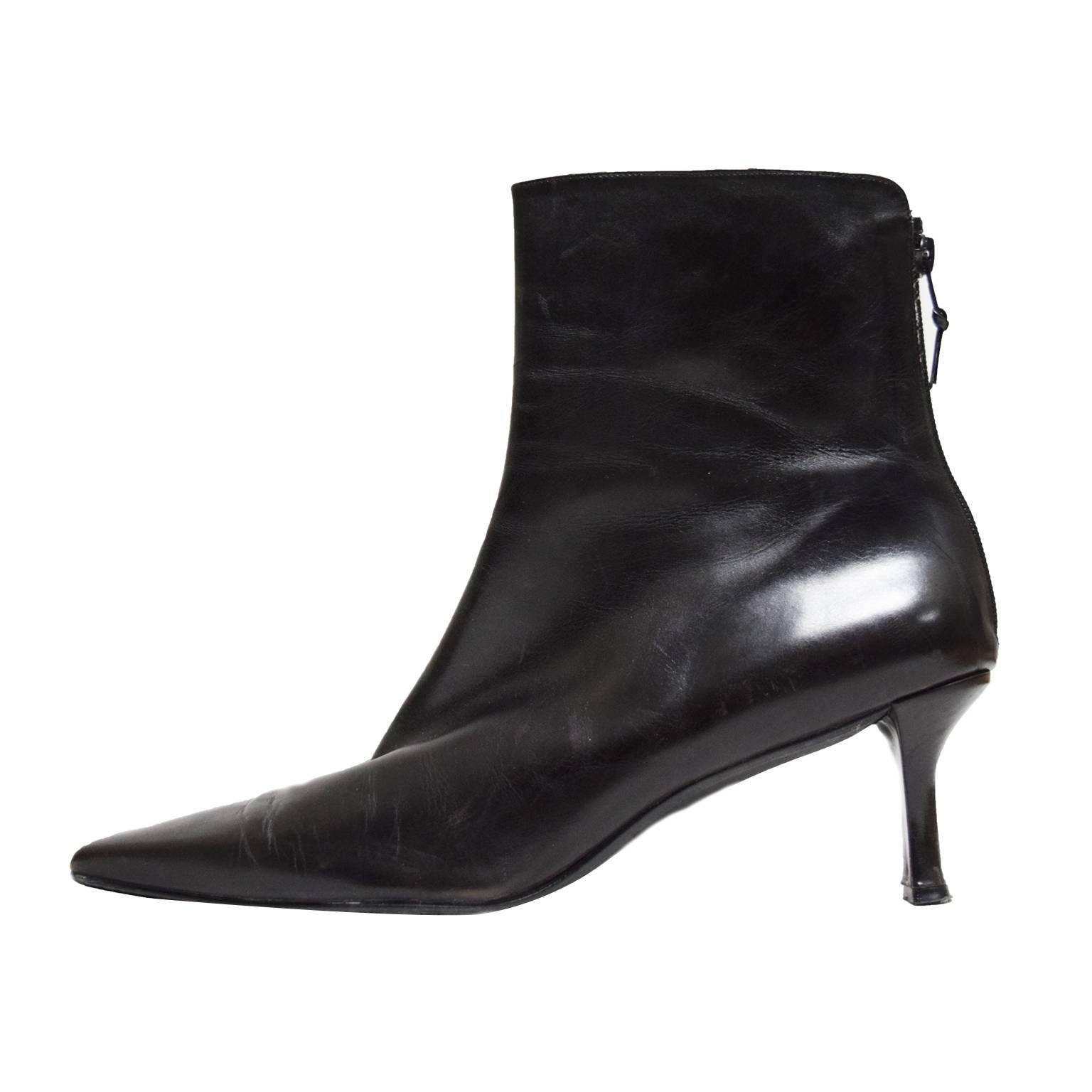 Stuart Weitzman Square Toe Black Leather Boot Heel For Sale