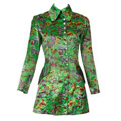 1968 Rare Ossie Clark Green Satin Rayon Fitted Jacket Tunic w/Chinoiserie Print