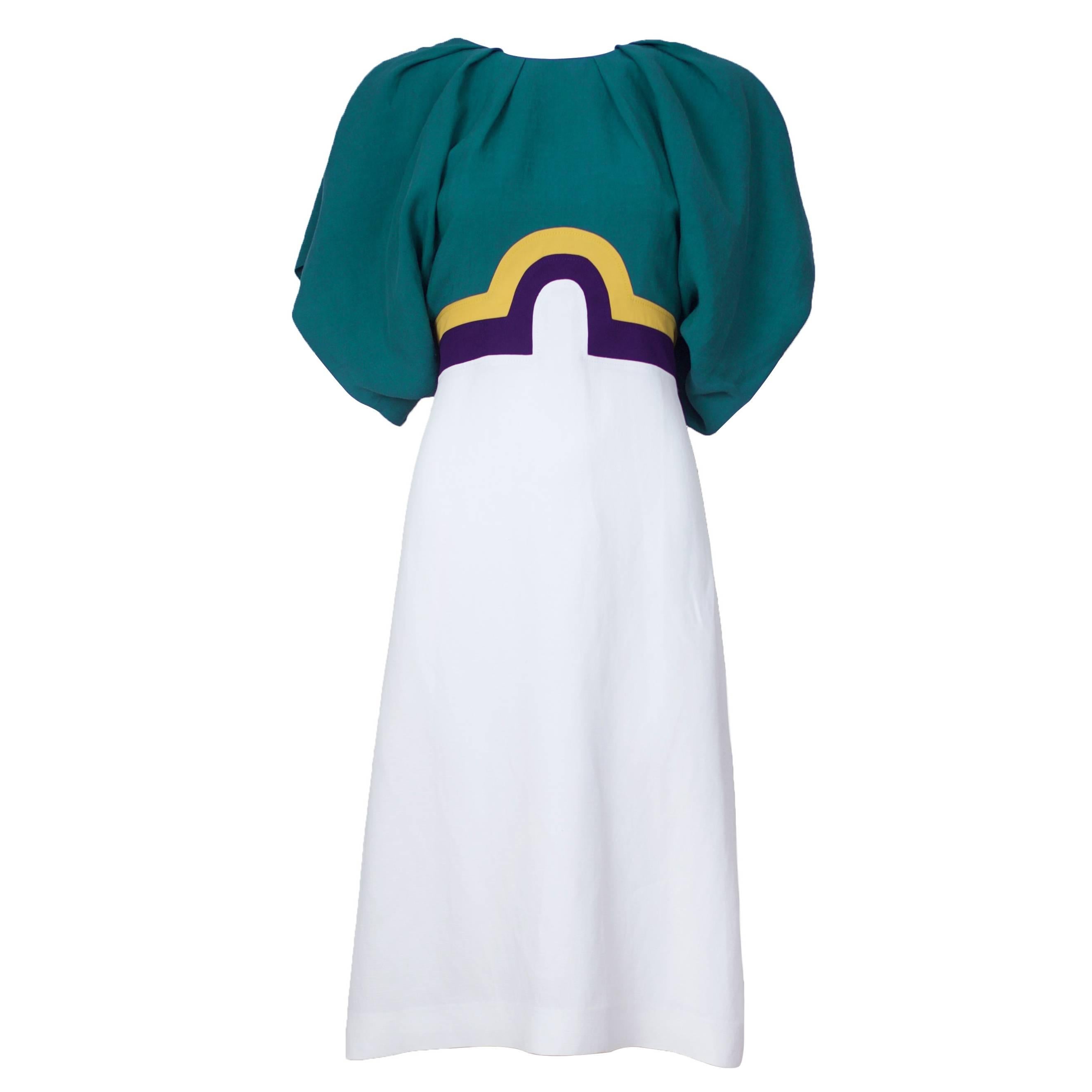 Kenzo Cotton & Linen Color Block Day Dress w/Pleated Blouson Sleeves