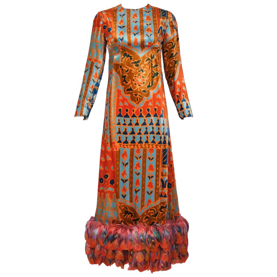 Bill Blass Moorish Print Velvet Panne Gown w/Matching Dyed Feather Trim ...