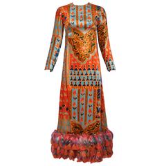 Bill Blass Moorish Print Velvet Panne Gown w/Matching Dyed Feather Trim Ca.1970