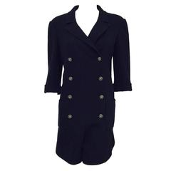 Chanel Marineblauer Baumwoll-Frühlings-Romanzug mit ellbogenlangen Ärmeln