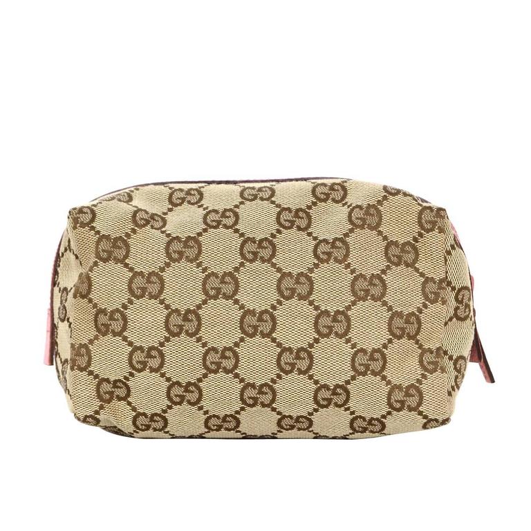 Gucci Tan Monogram Canvas Cosmetic Pouch w/ Pink Leather Trim For Sale ...