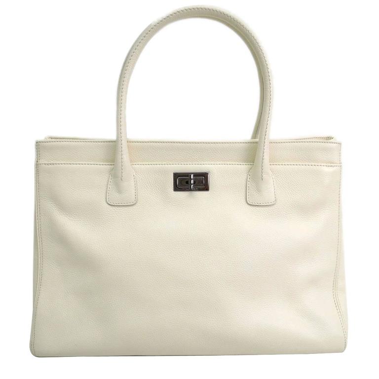Chanel 2.55 Cerf Off White Calfskin Silver Hardware Top Handle Shoulder Tote Bag at 1stdibs